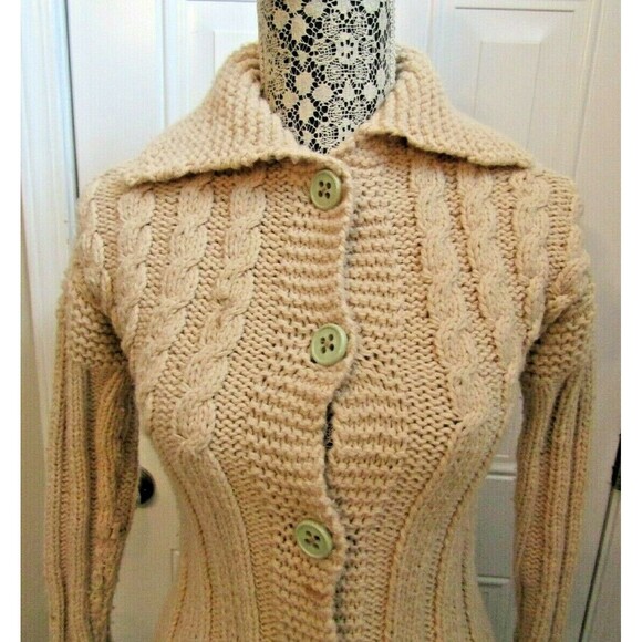 Vintage Hand Knit Chunky Button Front Cardigan Fisherman Wool Sweater Size S - Picture 3 of 9
